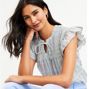 LOFT Plaid Smocked Ruffle Tie Neck Top